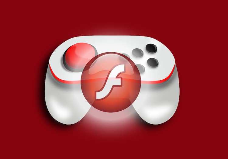 Adobe Flash logo over a white game controller on a dark red background
