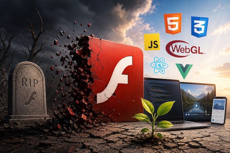 Cracked Adobe Flash logo crumbling beside an RIP 1996-2020 gravestone as HTML5, CSS3, JavaScript, WebGL, React and Vue logos take its place